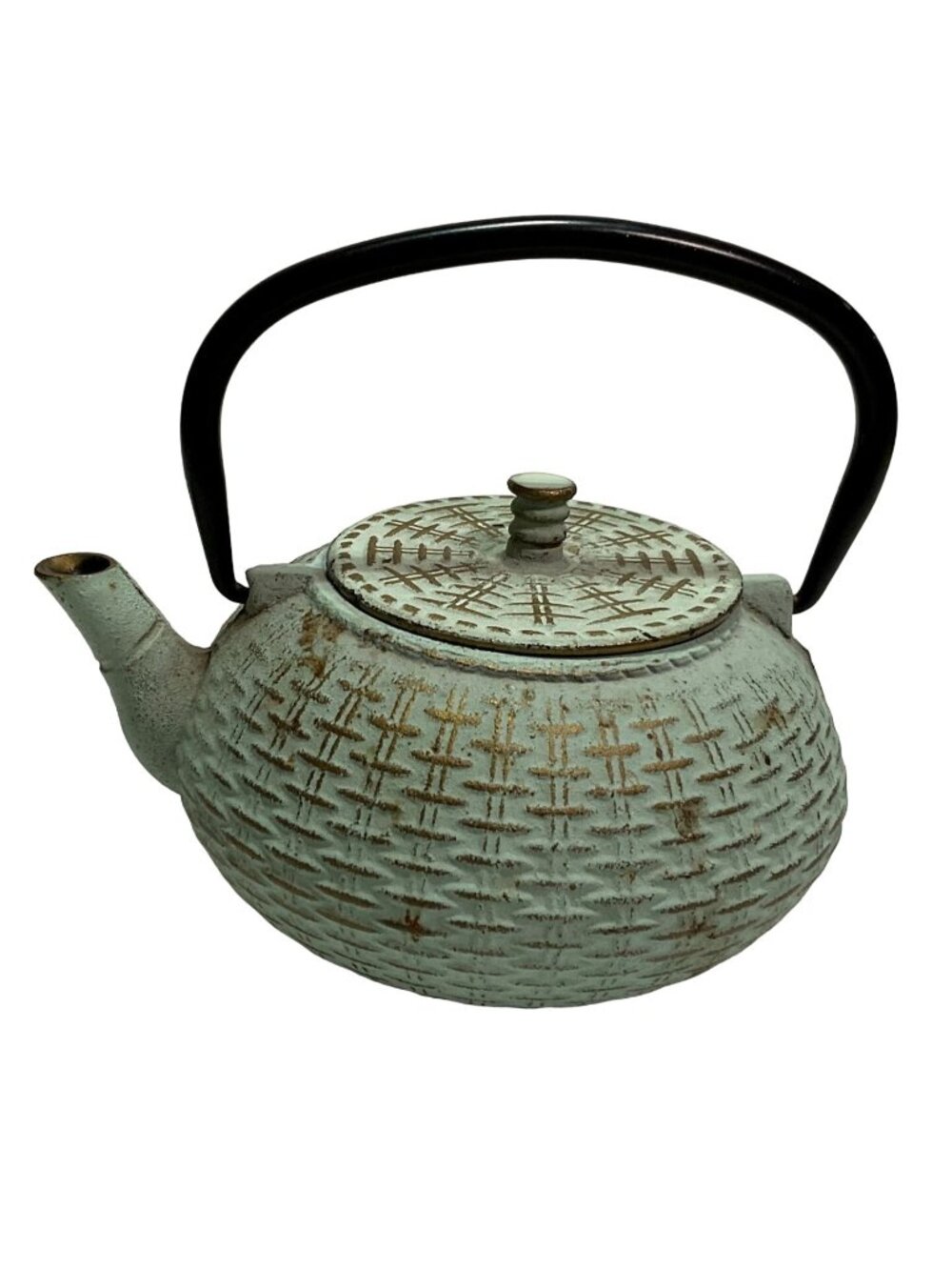 Vtg Arogya Tetsubin Cast Iron Teapot Green Basket Weave 27oz - 7.5" X 4.5"